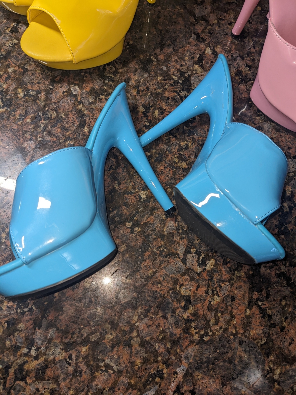 Patent Platform Slide Sandals in Blue